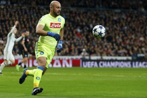 Napoli goalkeeper Pepe Reina runs after the ball during the Champions League round of 16, first leg, soccer match between Real Madrid and Napoli at the Santiago Bernabeu stadium in Madrid, Wednesday Feb. 15, 2017. (AP Photo/Francisco Seco)