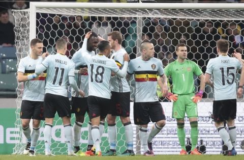 Belgium's team players celebrate their goal during the international friendly soccer match between Russia and Belgium at Fisht stadium in Sochi, Russia, Tuesday, March 28, 2017. (AP Photo/Denis Tyrin)