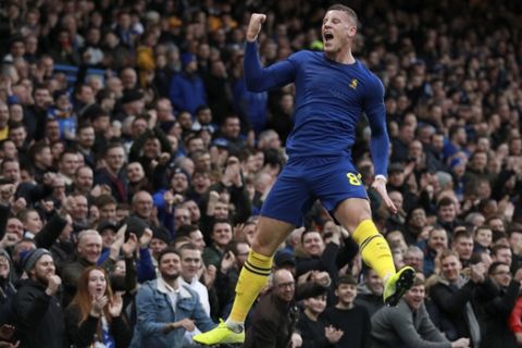 Chelsea's Ross Barkley celebrates after scoring his side's second goal during an English FA Cup third round soccer match between Chelsea and Nottingham Forest at Stamford Bridge in London, Sunday, Jan. 5, 2020. (AP Photo/Ian Walton)