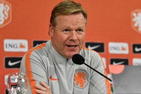 Netherland's head coach Ronald Koeman talks to the media at a press conference prior the UEFA Nations League soccer match between Germany and The Netherlands, in Gelsenkirchen, Sunday, Nov. 18, 2018. (AP Photo/Martin Meissner)
