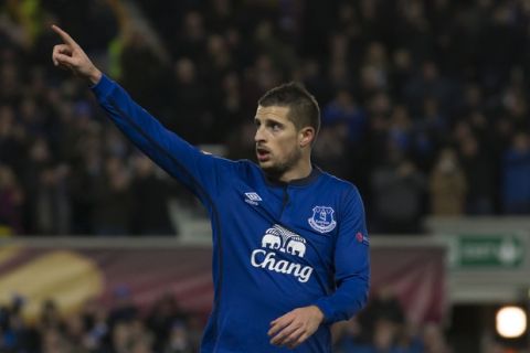 Everton's Kevin Mirallas celebrates after scoring during the Europa League round of 32 second leg soccer match between Everton and BSC Young Boys at Goodison Park Stadium, Liverpool, England, Thursday, Feb. 26, 2015. (AP Photo/Jon Super)  