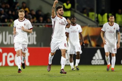 Milans's Patrick Cutrone celebrates his goal during the Europa League round of 32 soccer match between PFC Ludogorets Razgrad and AC Milan at the Ludogorets Arena in Razgrad, Bulgaria, on Thursday, Feb. 15, 2018. (AP Photo)