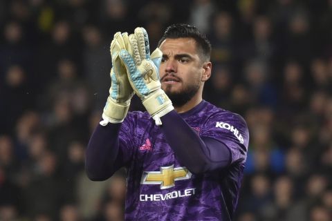 Manchester United's goalkeeper Sergio Romero during the FA Cup fifth round soccer match between Derby County and Manchester United at Pride Park in Derby, England, Thursday, March 5, 2020. (AP Photo/Rui Vieira)