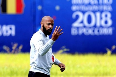 Belgium first assistant coach Thierry Henry gives instructions during Belgium's official training at the 2018 soccer World Cup, the day before the quarter final World Cup soccer match between Belgium and Brazil at the Guchkovo Stadium in Dedovsk, outside Moscow, Russia, Thursday, July 5, 2018. (AP Photo/Hassan Ammar)
