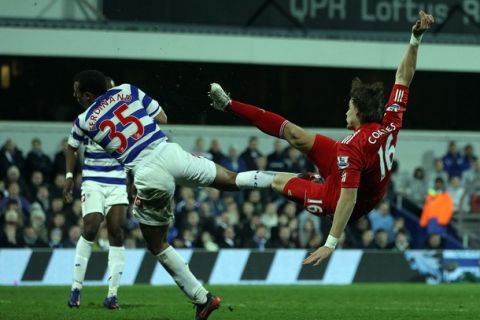 LONDON, ENGLAND - MARCH 21:  Sebastian Coates of Liverpool scores the first goal during the Barclays Premier League match between Queens Park Rangers and Liverpool at Loftus Road on March 21, 2012 in London, England.  (Photo by Ian Walton/Getty Images)