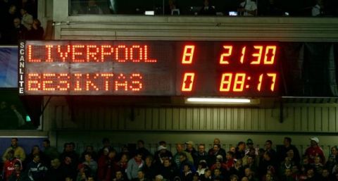 LIVERPOOL, ENGLAND - Tuesday, November 6, 2007: The Anfield score-board records the biggest ever Champions League victory - Liverpool's 8-0 demolition of Besiktas JK during the UEFA Champions League Group A match at Anfield. (Photo by David Rawcliffe/Propaganda)