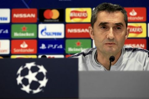 Barcelona manager Ernesto Valverde pauses, during a press conference at Anfield Stadium, Liverpool, England, Monday May 6, 2019.  Liverpool are scheduled to play against Barcelona in a Champions League Semi-final second leg soccer match in Liverpool on Tuesday. (Peter Byrne/PA via AP)