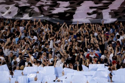 Lazio fans cheer prior to the Italian Cup soccer final match between Lazio and Juventus, at Rome's Olympic stadium, Wednesday, May 17, 2017. (AP Photo/Gregorio Borgia)