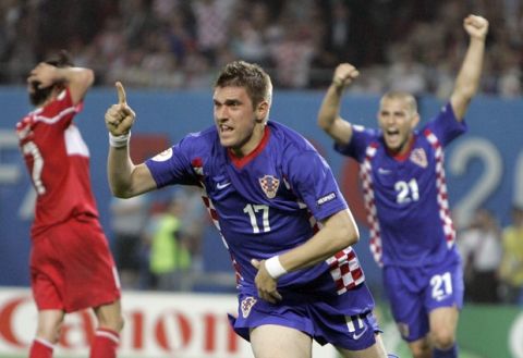 Croatia's Ivan Klasnic celebrates after scoring the opening goal during the quarterfinal match between Croatia and Turkey in Vienna, Austria, Friday, June 20, 2008, at the Euro 2008 European Soccer Championships in Austria and Switzerland. (AP Photo/Frank Augstein)