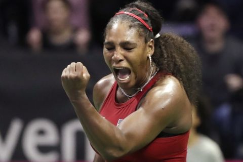 United States' Serena Williams reacts after winning a decisive point late in her match against Latvia's Jelena Ostapenko during a Fed Cup qualifying tennis match Friday, Feb. 7, 2020, in Everett, Wash. Williams won 2-0. (AP Photo/Elaine Thompson)