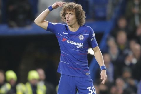 Chelsea's David Luiz reacts during the English Premier League soccer match between Chelsea and Southampton at Stamford Bridge stadium in London, England, Wednesday, Jan. 2, 2019. (AP Photo/Frank Augstein)