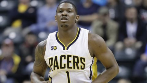 Indiana Pacers' Kevin Seraphin in action during the second half of an NBA basketball game against the Chicago Bulls, Saturday, Nov. 5, 2016, in Indianapolis. Indiana won 111-94. (AP Photo/Darron Cummings) 