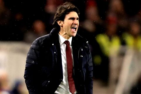 Middlesbrough manager Aitor Karanka shouts,  during the English Premier League soccer match between Middlesbrough and West Bromwich Albion, at the Riverside Stadium, in Middlesbrough, England, Tuesday Jan. 31, 2017. (Mike Egerton/PA via AP)