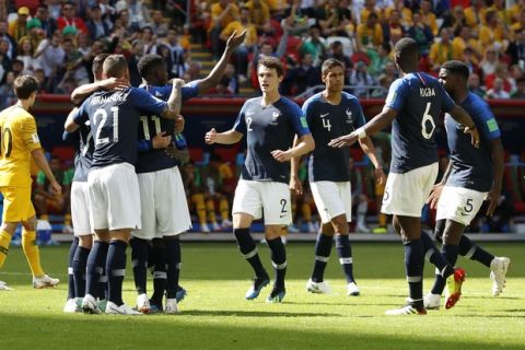 France players celebrates after scoring their side's first goal during the group C match between France and Australia at the 2018 soccer World Cup in the Kazan Arena in Kazan, Russia, Saturday, June 16, 2018. (AP Photo/Darko Bandic)