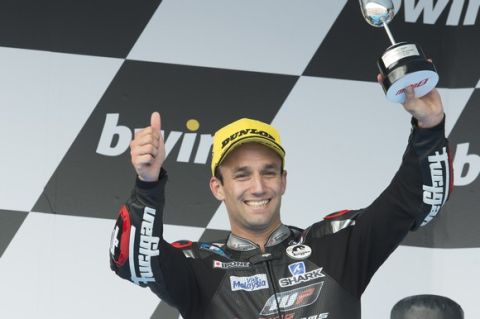 JEREZ DE LA FRONTERA, SPAIN - MAY 03:  Johann Zarco of French and AJO Motorsport celebrates the second place on the podium at the end of the Moto2 race during the MotoGp of Spain - Race at Circuito de Jerez on May 3, 2015 in Jerez de la Frontera, Spain.  (Photo by Mirco Lazzari gp/Getty Images)