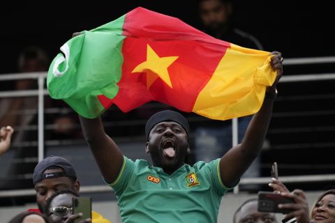 A fan for Cameroon reacts before a friendly soccer match against Mexico Saturday, June 10, 2023, in San Diego. (AP Photo/Gregory Bull)