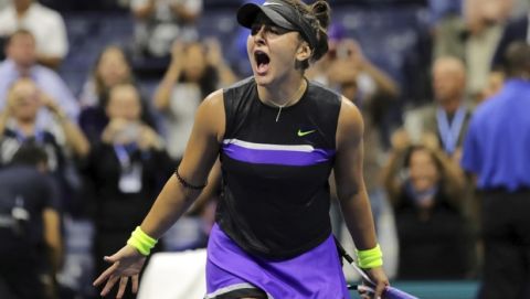 Bianca Andreescu, of Canada, reacts after defeating Belinda Bencic, of Switzerland, during the semifinals of the U.S. Open tennis championships Thursday, Sept. 5, 2019, in New York. (AP Photo/Charles Krupa)
