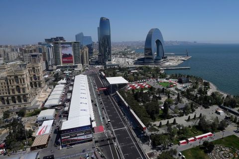 A view of the Baku circuit, in Baku, Azerbaijan, Thursday, April 27, 2022. The Formula One Grand Prix will be held on Sunday April 30, 2023. (AP Photo/Sergei Grits)