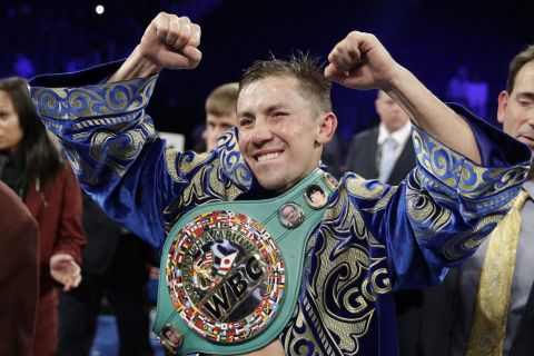 FILE - In this Sept. 17, 2017, file photo, Gennady Golovkin reacts following a middleweight title against Canelo Alvarez, in Las Vegas. Golovkin will return to the ring in June after signing a multiyear deal Friday, March 8, 2019, with DAZN, which gives him the possibility of a third fight with Alvarez. No date or opponent was announced for the fight, which will be Golovkin's first since being edged by Alvarez last September in their second bout after they fought to a draw in the first one. (AP Photo/John Locher, File)