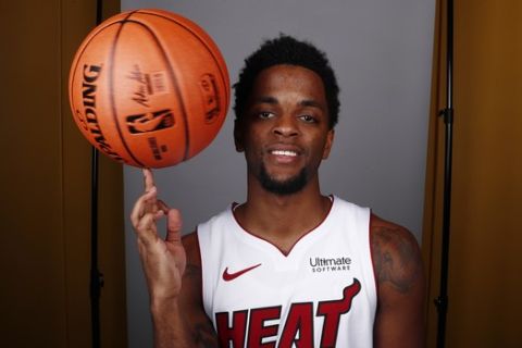 Miami Heat's Daryl Macon (15) poses during the NBA basketball team's media day, Monday, Sept. 30, 2019, in Miami. (AP Photo/Brynn Anderson)