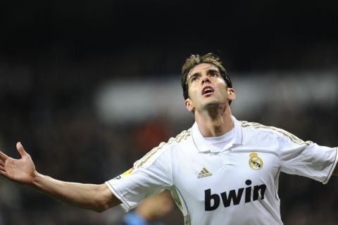 Real Madrid's Brazilian midfielder Kaka celebrates after scoring against Espanyol on March 4, 2012 during a Spanish league football match at the Santiago Bernabeu stadium in Madrid. AFP PHOTO/ PIERRE-PHILIPPE MARCOU (Photo credit should read PIERRE-PHILIPPE MARCOU/AFP/Getty Images)