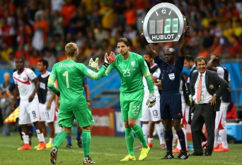 SALVADOR, BRAZIL - JULY 05: Goalkeeper Tim Krul of the Netherlands enters the game for Jasper Cillessen during the 2014 FIFA World Cup Brazil Quarter Final match between the Netherlands and Costa Rica at Arena Fonte Nova on July 5, 2014 in Salvador, Brazil.  (Photo by Michael Steele/Getty Images)