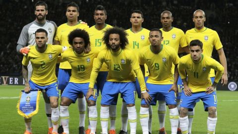 Brazil players pose before the international friendly soccer match between Germany and Brazil in Berlin, Germany, Tuesday, March 27, 2018. (AP Photo/Markus Schreiber)