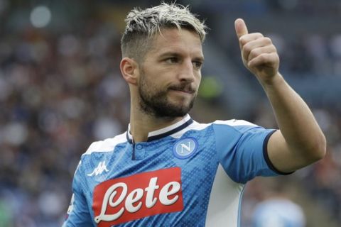 Napoli's Dries Mertens during the Italian Serie A soccer match between Roma and Napoli at Rome's Olympic stadium, Saturdday, Oct. 30, 2019. (AP Photo/Gregorio Borgia)