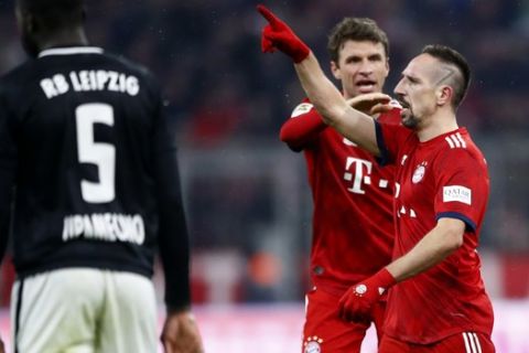 Bayern's Franck Ribery celebrates after scoring his side's opening goal during the German Bundesliga soccer match between FC Bayern Munich and RB Leipzig in Munich, Germany, Wednesday, Dec. 19, 2018. (AP Photo/Matthias Schrader)