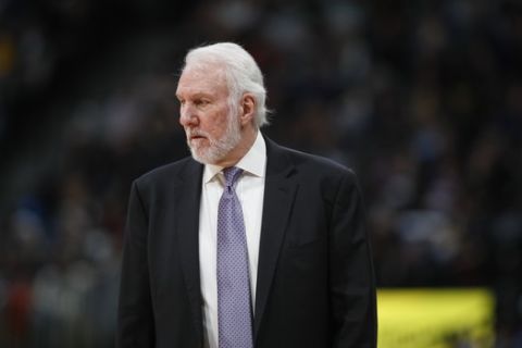 San Antonio Spurs head coach Gregg Popovich in the second half of an NBA basketball game Monday, Feb.10, 2020, in Denver. The Nuggets won 127-120. (AP Photo/David Zalubowski)