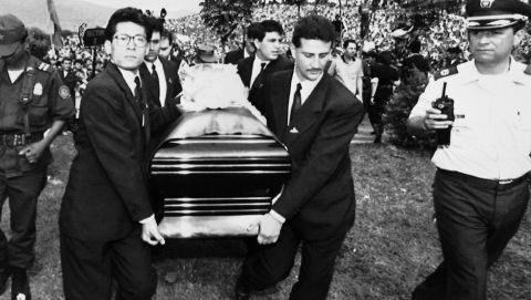 Pallbearers carry the coffin of soccer player Andres Escobar on July 3, 1994 in Medellin, Colombia. Escobar was killed early July 2. He scored an own goal during a soccer game in the World Cup where Colombia lost 2-1 to the United States. (AP Photo/Fernando Llano)