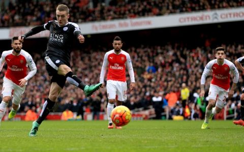 File Photo: Arsenal believed to be interested in signing Jamie Vardy Leicester City's Jamie Vardy scores his side's first goal of the game from the penalty spot ... Arsenal v Leicester City - Barclays Premier League - Emirates Stadium ... 14-02-2016 ... London ... UK ... Photo credit should read: Nigel French/EMPICS Sport. Unique Reference No. 25518516 ... 