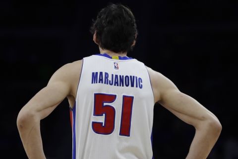Detroit Pistons center Boban Marjanovic is seen during the second half of an NBA basketball game against the Washington Wizards, Monday, April 10, 2017, in Auburn Hills, Mich. (AP Photo/Carlos Osorio)