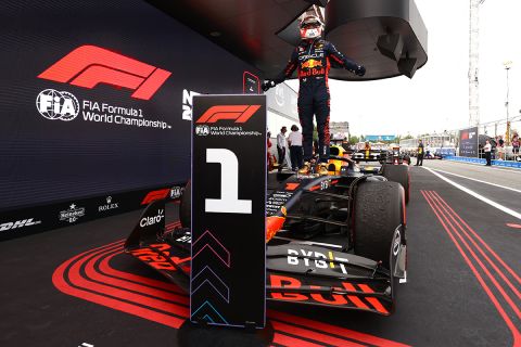 BARCELONA, SPAIN - JUNE 04: Race winner Max Verstappen of the Netherlands and Oracle Red Bull Racing celebrates in parc ferme during the F1 Grand Prix of Spain at Circuit de Barcelona-Catalunya on June 04, 2023 in Barcelona, Spain. (Photo by Mark Thompson/Getty Images)