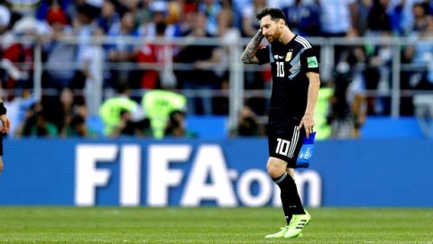 Argentina's Lionel Messi reacts after draw 1-1 in the group D match between Argentina and Iceland at the 2018 soccer World Cup in the Spartak Stadium in Moscow, Russia, Saturday, June 16, 2018. (AP Photo/Victor Caivano)