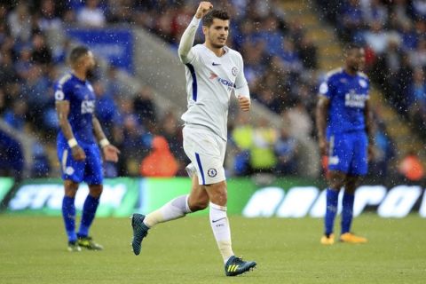 Chelsea's Alvaro Morata celebrates scoring against Leicester City during the English Premier League soccer match at the King Power Stadium, Leicester, England, Saturday Sept. 9, 2017. (Mike Egerton/PA  via AP)
