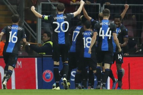 Club Brugge players celebrate a goal against Galatasaray during the Champions League group A soccer match between Galatasaray and Club Brugge in Istanbul, Tuesday, Nov. 26, 2019. (AP Photo/Lefteris Pitarakis)