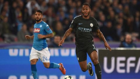 NAPLES, ITALY - NOVEMBER 01: Raheem Sterling of Manchester City in action during the UEFA Champions League group F match between SSC Napoli and Manchester City at Stadio San Paolo on November 1, 2017 in Naples, Italy.  (Photo by Tullio Puglia - UEFA/UEFA via Getty Images)