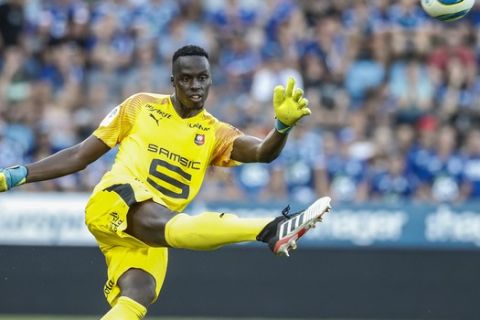 The rennes's goal keeper Mendy Edouard is putting back the ball into play during the league one Strasbourg VS Rennes in Strasbourg Eastern France (AP Photo/Jean-Francois Badias)