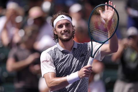 Stefanos Tsitsipas, of Greece, celebrates after defeating Frances Tiafoe, of the United States, at the BNP Paribas Open tennis tournament in Indian Wells, Calif., Sunday, March 10, 2024. (AP Photo/Ryan Sun)