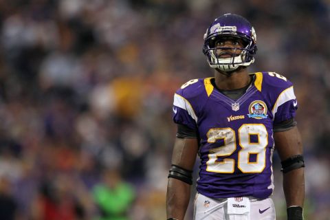 Dec 9, 2012; Minneapolis, MN, USA; Minnesota Vikings running back Adrian Peterson (28) looks on during the third quarter against the Chicago Bears at the Metrodome. The Vikings defeated the Bears 21-14. Mandatory Credit: Brace Hemmelgarn-USA TODAY Sports