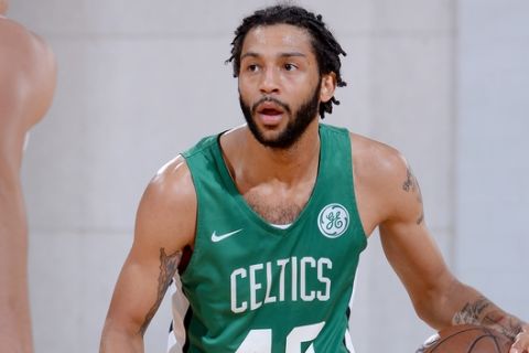 LAS VEGAS, NV - JULY 7: Pierria Henry #49 of the Boston Celtics handles the ball against the Denver Nuggets during the 2018 Las Vegas Summer League on July 7, 2018 at the Cox Pavilion in Las Vegas, Nevada. NOTE TO USER: User expressly acknowledges and agrees that, by downloading and/or using this Photograph, user is consenting to the terms and conditions of the Getty Images License Agreement. Mandatory Copyright Notice: Copyright 2018 NBAE (Photo by Bart Young/NBAE via Getty Images)