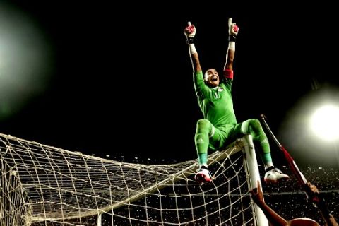 Egypt's goalkeeper Essam El Hadary celebrates after defeating Congo in the 2018 World Cup group E qualifying soccer match at the Borg El Arab Stadium in Alexandria, Egypt, Sunday, Oct. 8, 2017. Egypt won 2-1. (AP Photo/Nariman El-Mofty)