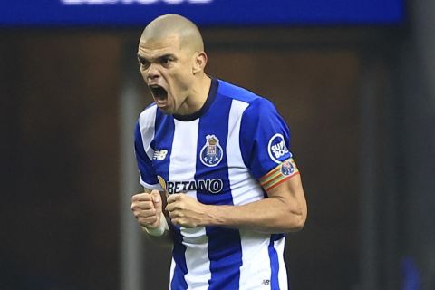 Porto's Pepe celebrates after scoring his side's fourth goal during a Champions League group H soccer match between FC Porto and Shakhtar Donetsk at the Dragao stadium in Porto, Portugal, Wednesday, Dec. 13, 2023. (AP Photo/Luis Vieira)