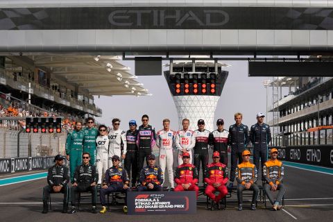 Drivers pose for a photo ahead of the Emirates Formula One Grand Prix, the last race of the year, at the Yas Marina racetrack, in Abu Dhabi, United Arab Emirates, Sunday, Nov. 20, 2022. (AP Photo/Hussein Malla)
