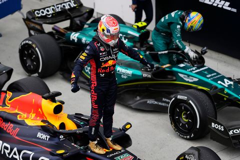 MONTREAL, QUEBEC - JUNE 18: Race winner Max Verstappen of the Netherlands and Oracle Red Bull Racing celebrates in parc ferme during the F1 Grand Prix of Canada at Circuit Gilles Villeneuve on June 18, 2023 in Montreal, Quebec. (Photo by Rudy Carezzevoli/Getty Images)