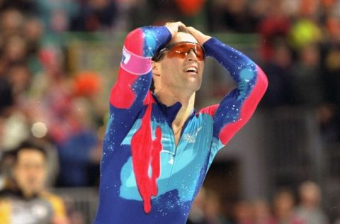 Dan Jansen reacts after finishing with a time of 1:12.43 for a new world record and a gold medal in the men's 1,000 meter race Friday morning, February 18, 1994, at Hamar Olympic Hall in Hamar, Norway. (AP Photo/Thomas Kienzle)
