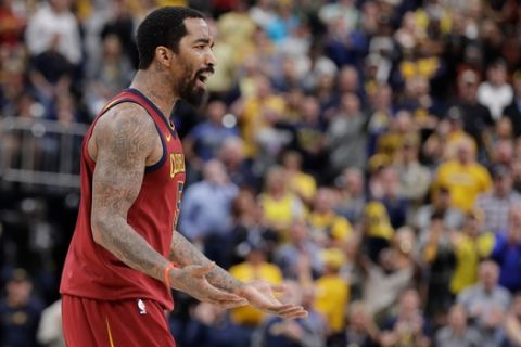 Cleveland Cavaliers' JR Smith reacts during the second half of Game 4 of a first-round NBA basketball playoff series against the Indiana Pacers, Sunday, April 22, 2018, in Indianapolis. Cleveland won 104-100. (AP Photo/Darron Cummings)