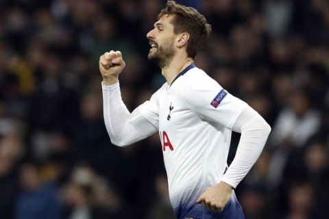 Tottenham forward Fernando Llorente celebrates after scoring his side's third goal during the Champions League round of 16, first leg, soccer match between Tottenham Hotspur and Borussia Dortmund at Wembley stadium in London, Wednesday, Feb. 13, 2019. (AP Photo/Alastair Grant)