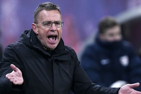 Leipzig's head coach Ralf Rangnick gestures during the German first division Bundesliga soccer match between RB Leipzig and TSG 1899 Hoffenheim in Leipzig, Germany, Monday, Feb. 25, 2019. The match ended 1-1. (AP Photo/Jens Meyer)